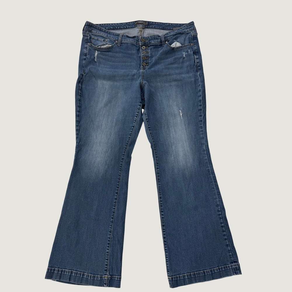 Torrid Mid-Rise Flare Jeans Vintage Stretch Distressed Button Fly Blue 22T